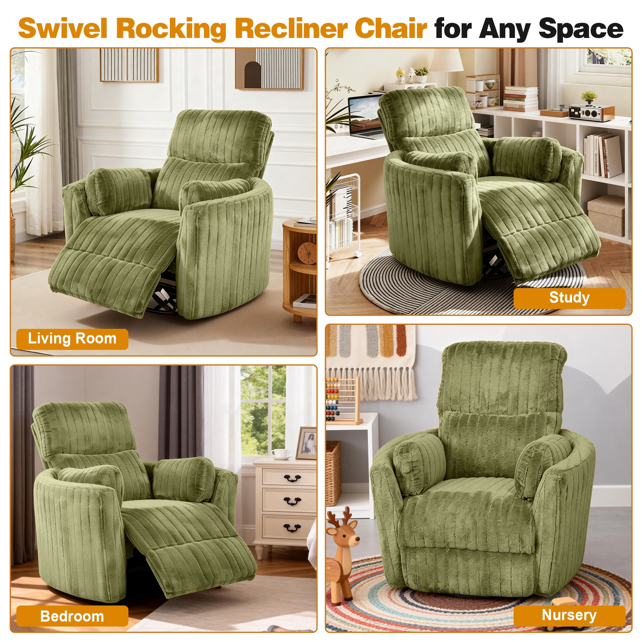 Aukfa Swivel Rocking Glider Power Recliner Chair with 24" Wide Seat & Type-C & USB Ports, Green