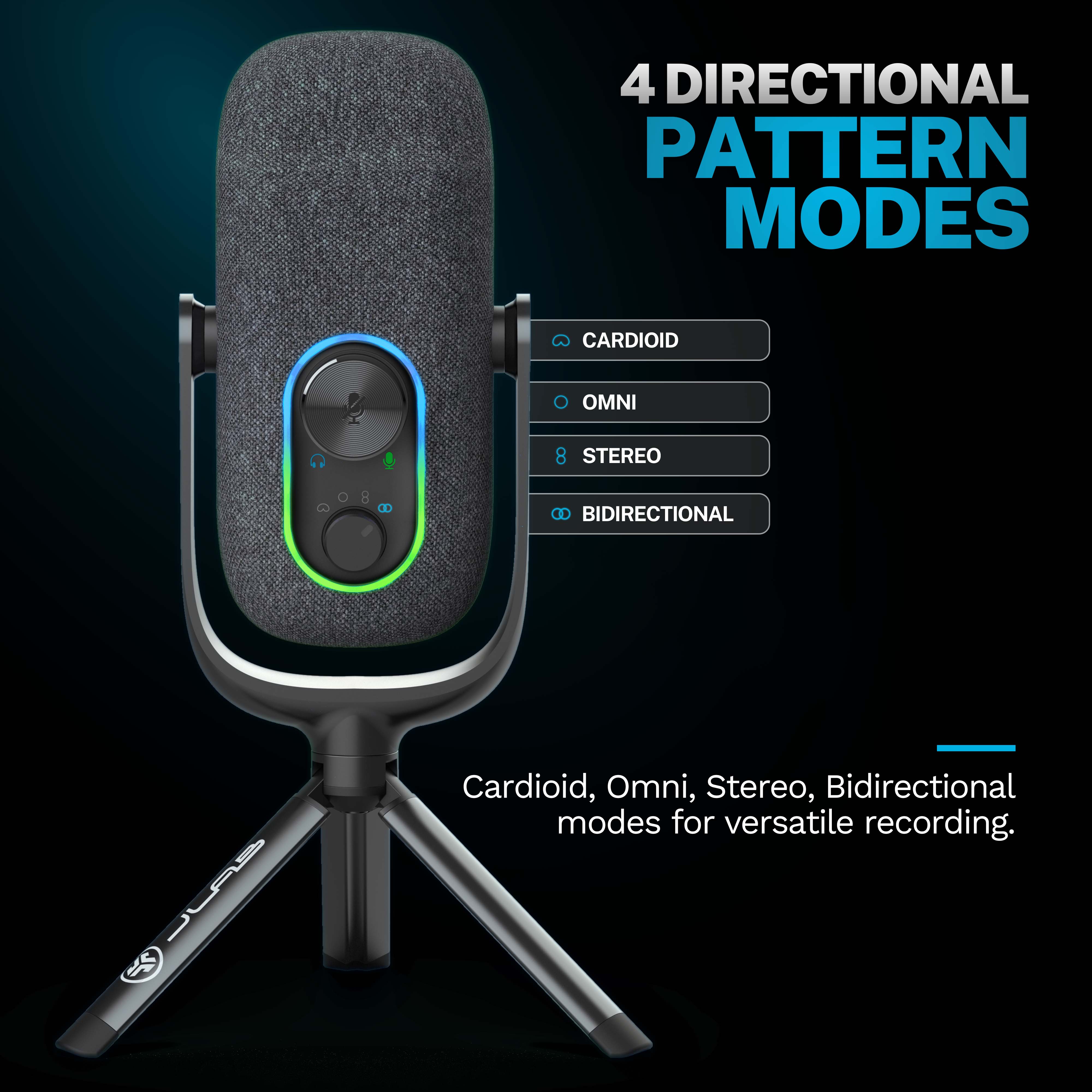 JLab JBuds Talk Gaming, Podcast & Streaming Microphone, Professional Grade Recording, 92kHz/24BIT Clarity, 4 Directional Pattern Modes, Gain Control, 4+ ft USB-C Cable, Versatile Mounting, Black