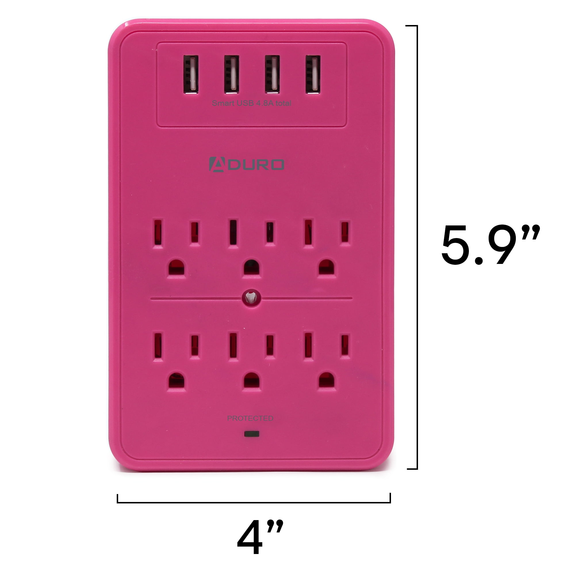 Aduro Surge Protector 6 Outlets Power Strip Station with USB (4 Ports 4.8A) Wall Mount Multiple Outlet Splitter Extender Adapter with Phone Shelf Stand ETL Listed Pink