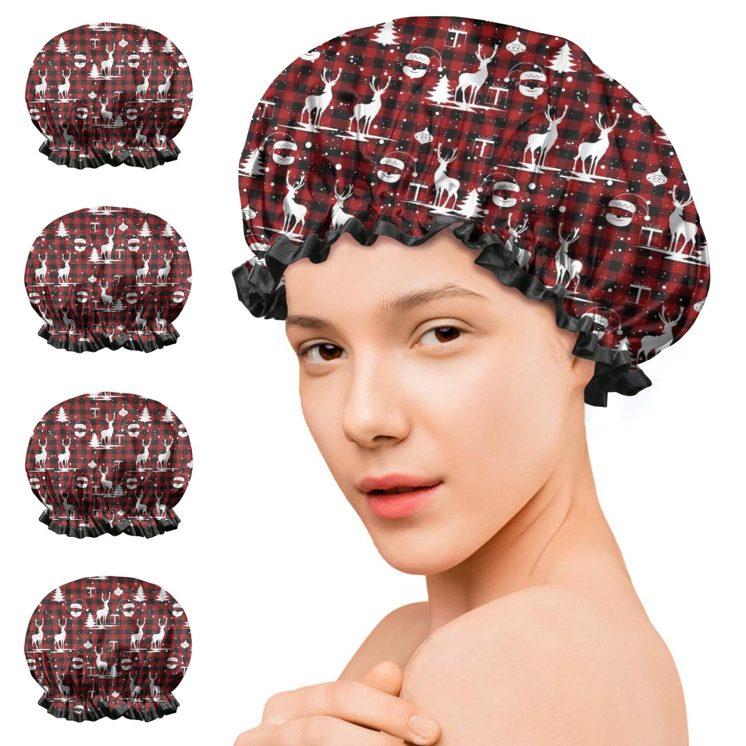 Shower Caps,Red Christmas Plaid Deer and Tree Pattern Waterproof Shower Cap for Women 4 Pieces,Double Reusable Hair Cover for Shower PEVA Elastic Stretch Hem