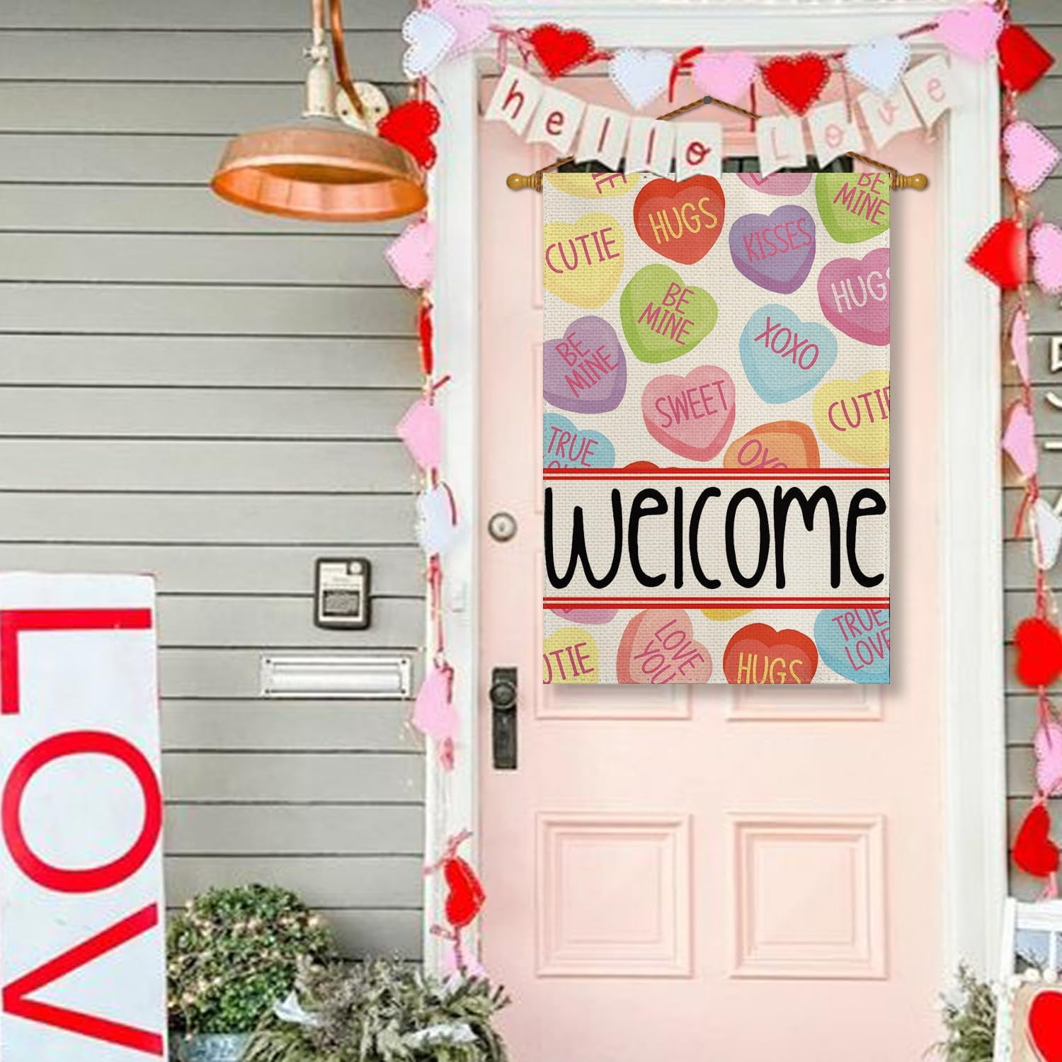 Lanola Valentines Day House Flag 28x40 Inch Double Sided Outside, Welcome Candy Love Hearts Anniversary Yard Outdoor Flag