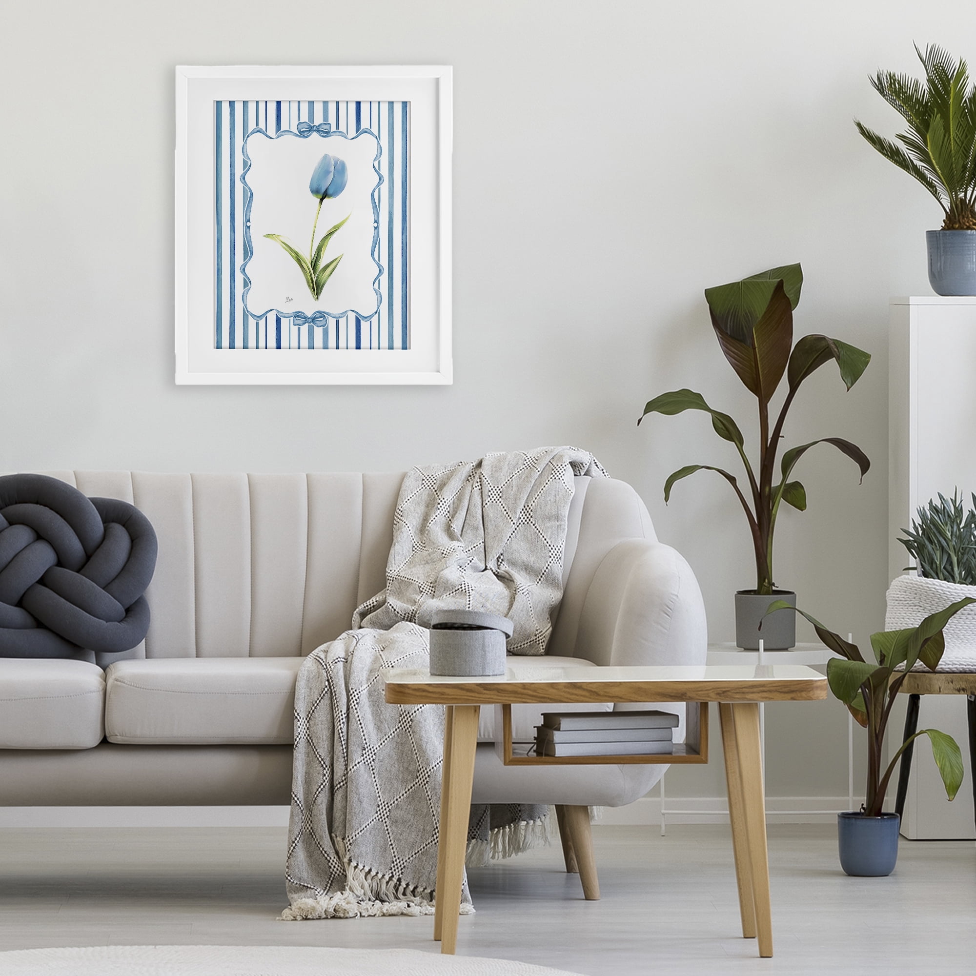 Stupell Industries Blue Tulip & Ribbon Border White Framed Print Under Glass, design by Nan