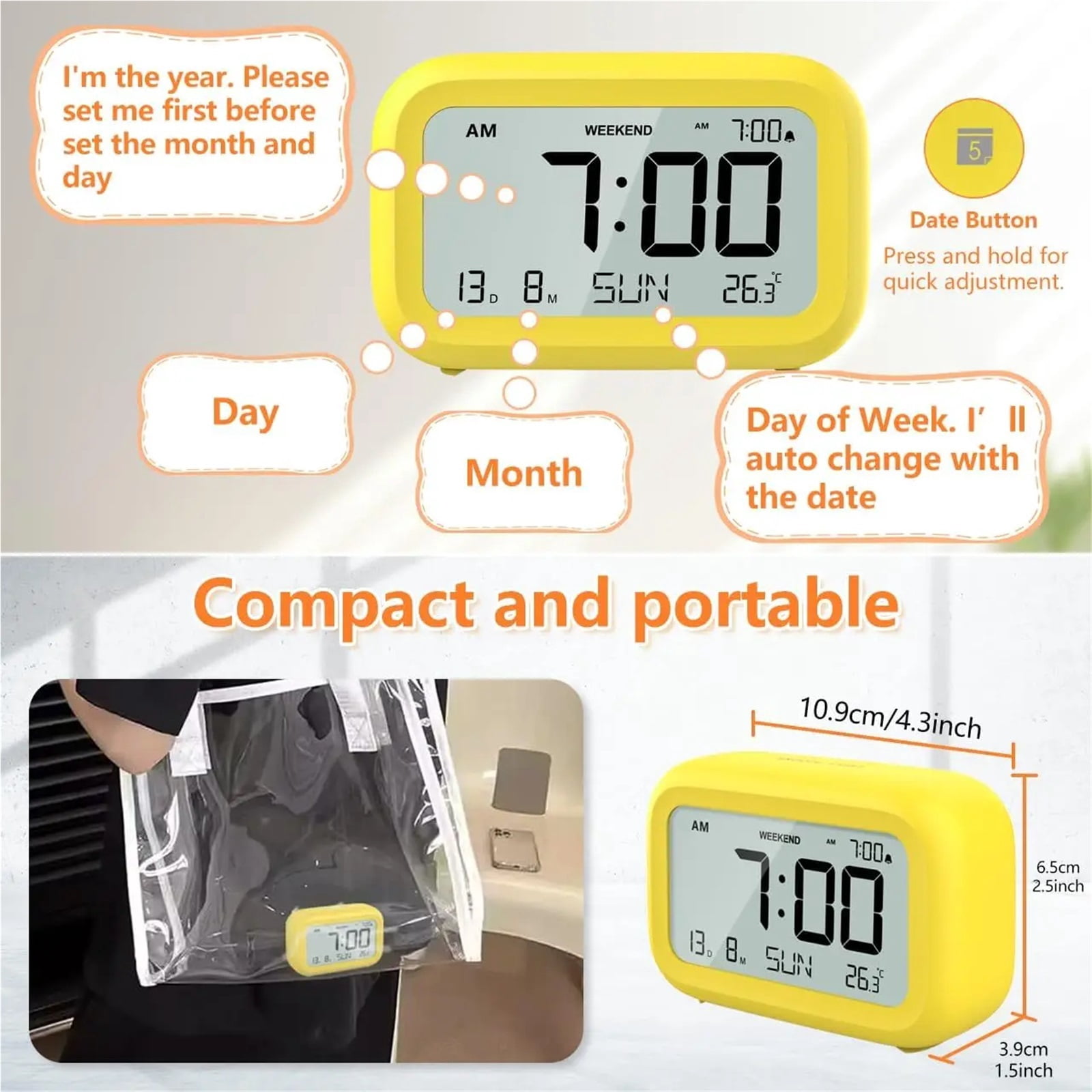 Digital Alarm Clock LCD Alarm Clock Calendar Temperature Humidity Display Electronic Desktop Clock for Home Office Bedroom Decor
