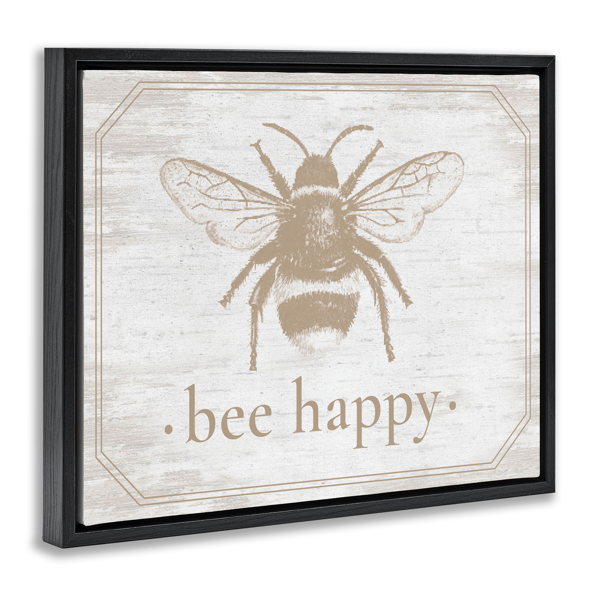 Bee Happy with Rustic Border Black Framed Floater Canvas Wall Art, design by Lettered and Lined