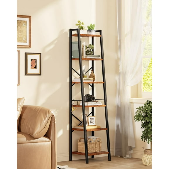 qewtrs Furologee 5 Tier Ladder Shelf Bookcase Tall Narrow Bookshelf with 2 Hooks Brown Bathroom Corner Book Shelf Metal Wood Book Case Standing Unit Display Shelf for Room Office Ki