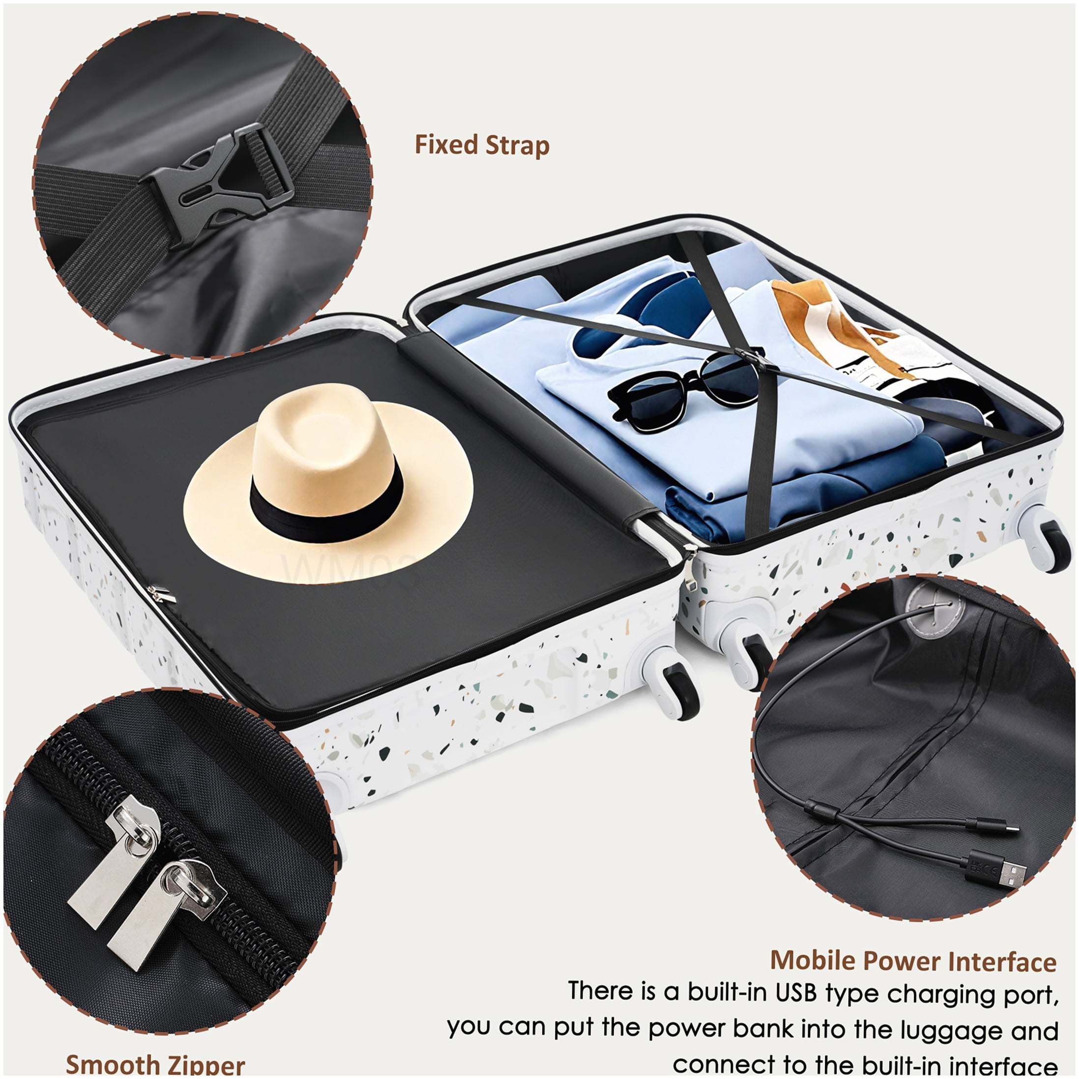3-Piece Spinner Luggage Set with USB Charging Port, Airline Approved Carry-On, White Hard Shell Suitcase