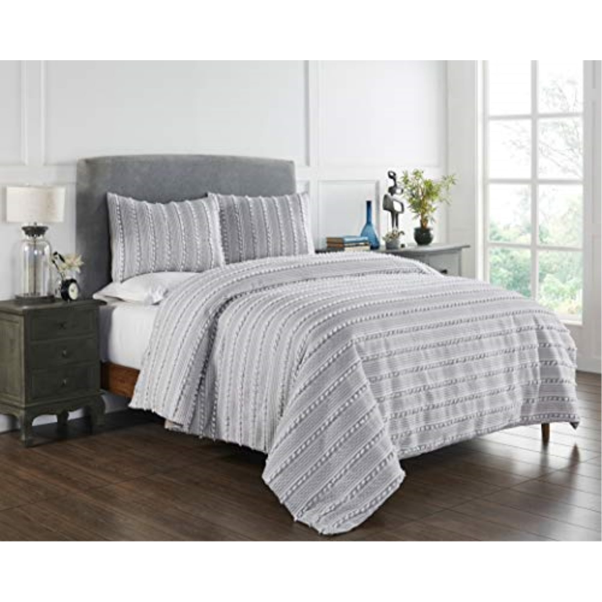 Better Trends Chenille Comforter Set King Size 3 Piece 100% Cotton Soft & Cozy All Season Bedding Angelique Collection - Gray