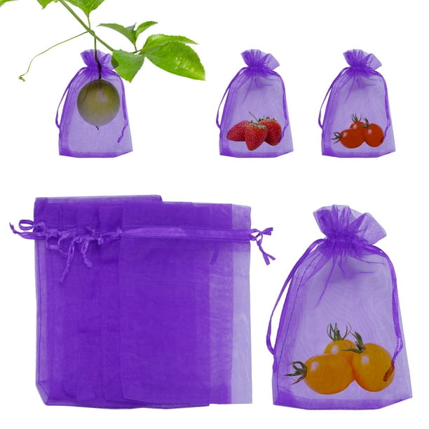 Bolsas de protección de frutas Uxcell 100 Pack - Bolsas de red para frutas de 4x6 pulgadas con cordón aplicables a plantas (Púrpura oscuro)