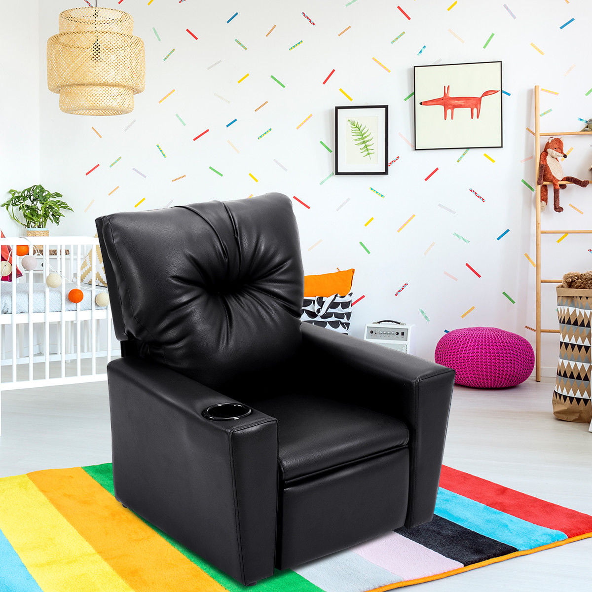Kids Furniture Brown Kids Sofa Manual Recliner Leather Ergonomic Lounge w/Cup Holder Children Gift 