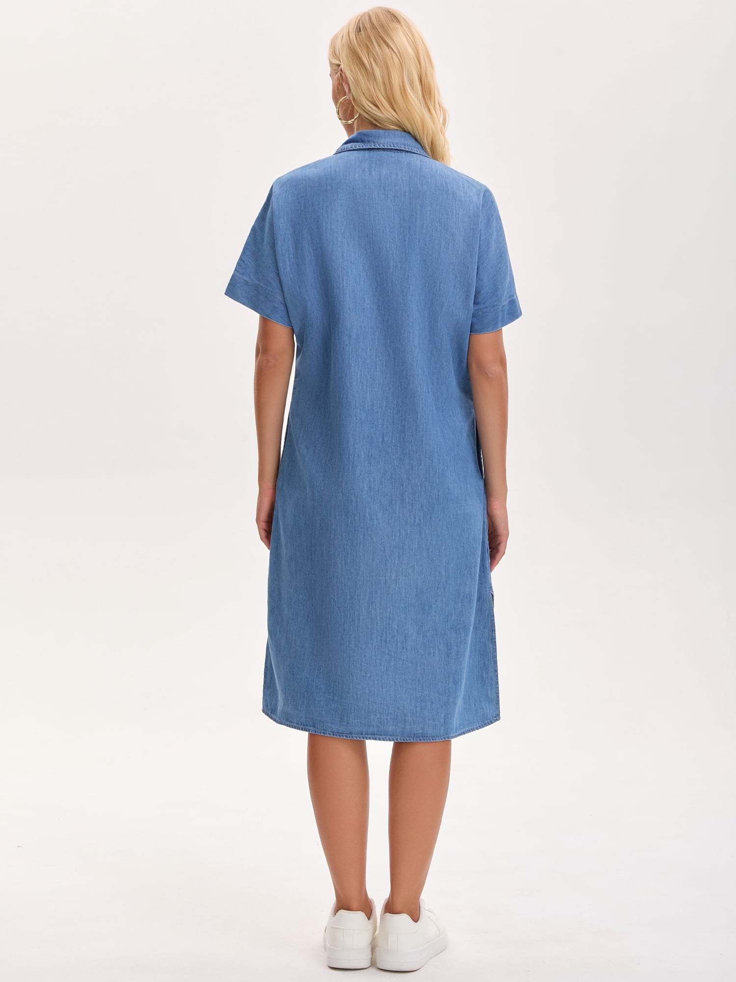DARING DIVA Midi Denim Short Sleeve Button Down Tunic Jean Dress L Sky Blue
