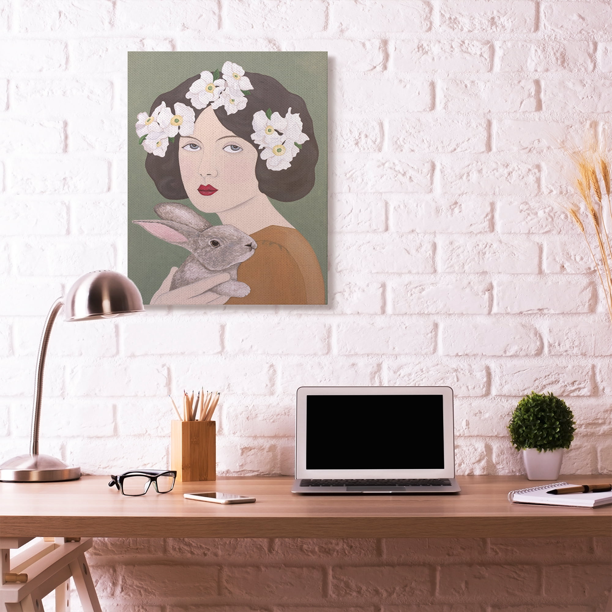 Stupell Home Décor Woman and Rabbit White Flower Animal Painting Canvas Wall Art by Sally B