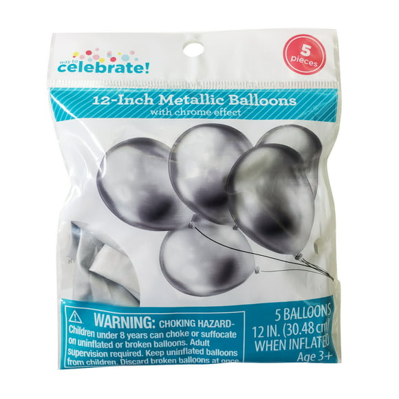 Way to Celebrate! 12in Birthday Party Decoration Silver Glossy Metallic Balloons, 5 Count