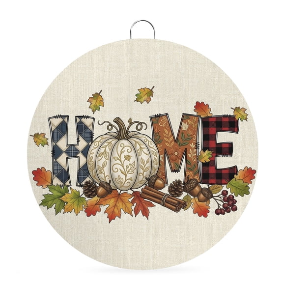 Round Welcome Sign for Front Door, Thanksgiving Hanging Metal Farmhouse Wall Decor for Porch Entryway, Fall Pumpkin Cones Maple Leaves Plaid Decoration for Holiday Housewarming Gift, 6 in