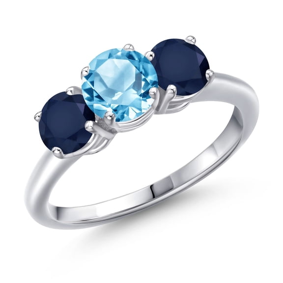 Gem Stone King 925 Sterling Silver Swiss Blue Topaz and Blue Sapphire Engagement Ring for Women | 2.20 Cttw | Round 6MM | Gemstone November Birthstone | Size 7