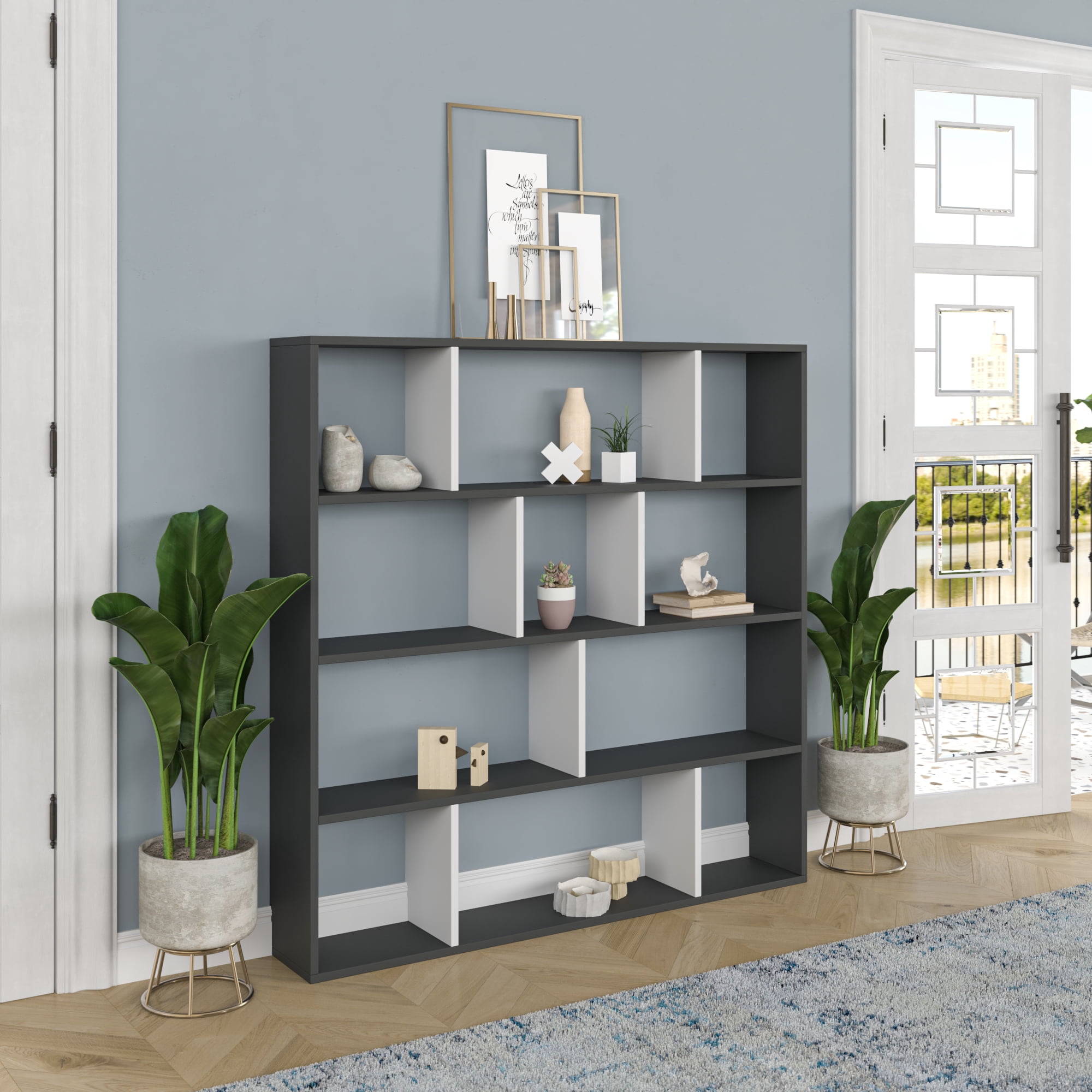 Ada Home Decor Hobdi 4 Tier Open Shelf Cube Modern Bookcase, Anthracite/White