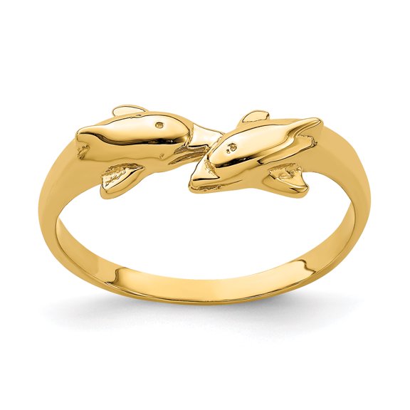14k Yellow Gold Dolphin Kissing Dolphin Band Ring