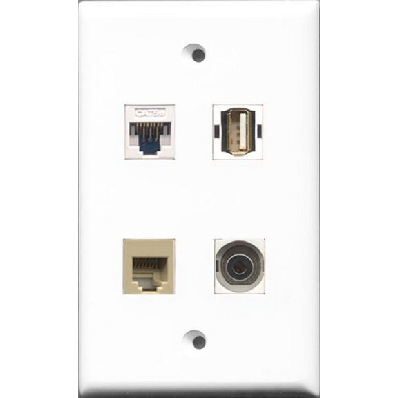 RiteAV 1 Port USB A-A and 1 Port Phone RJ11 RJ12 Beige and 1 Port 3.5mm and 1 Port Cat5e Ethernet White Wall Plate