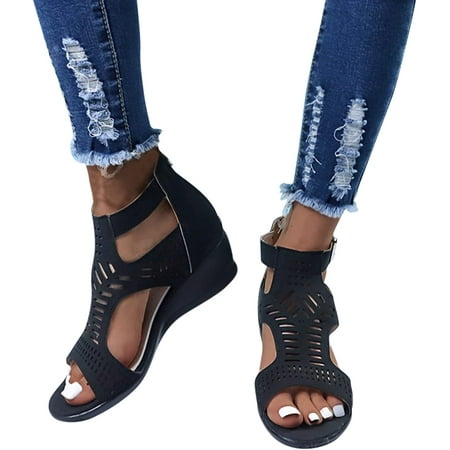 

Summer Women S Wedge Sandals Black Dressy Open-Toe Sandals Ankle Strap Hollowed Out Casual Sandals Beach Shoes Roman Retro Sandals