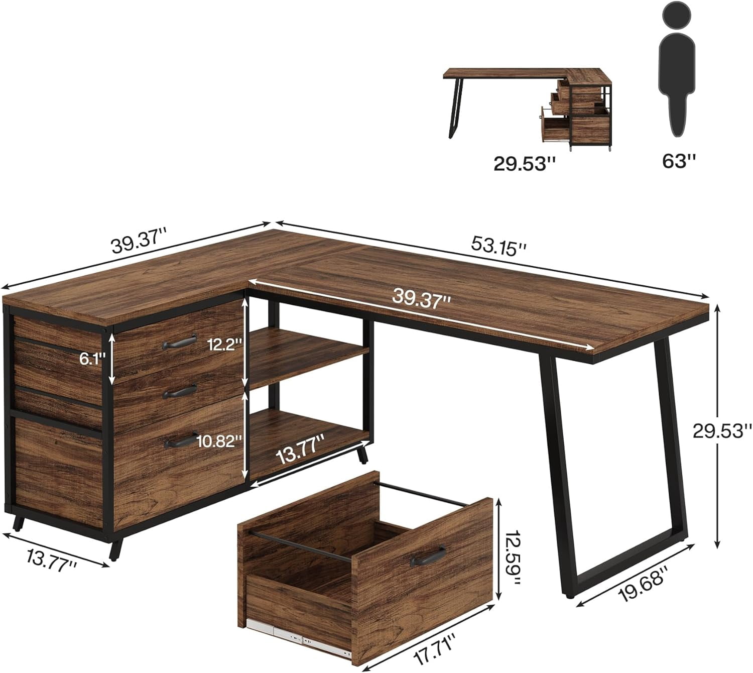 Tribesigns 53" L Shaped Office Desk, Reversible Corner Computer Desk with 3 File Drawers and 2 Storage Shelves for Home Office, Study, Gaming Room (Brown)