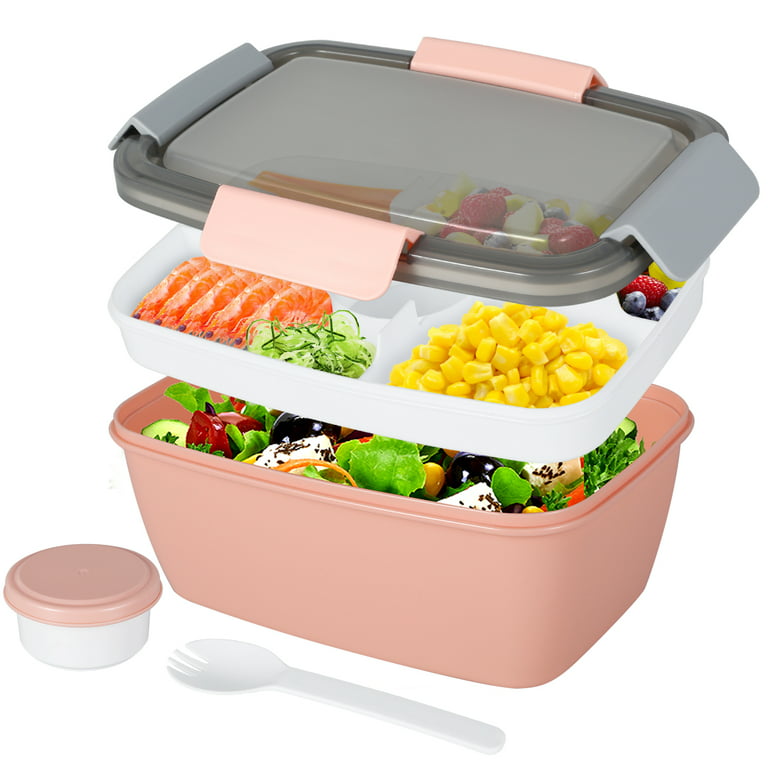 2L Large Capacity Salad Lunch Container BPA Free Leak-proof Portable Salad  Lunch Box with 4 Compartments Tray with Fork for School Office Camping  Microwave，pink 