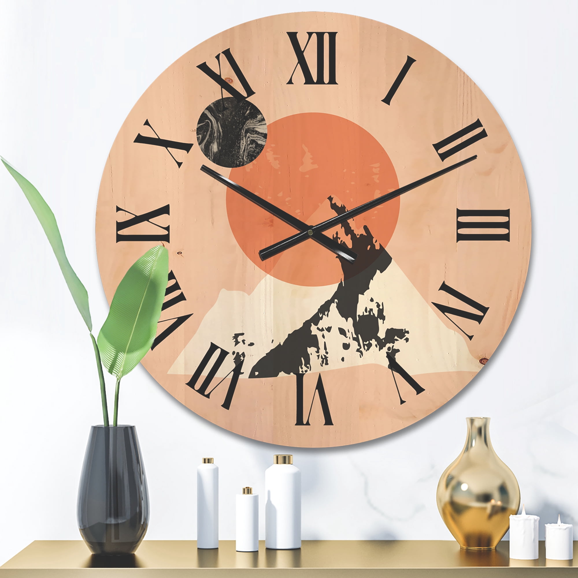 Designart 'Modern Minimalist Mountain Moon and Sun' Modern Wood Wall Clock