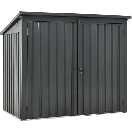 62” Grey Metal Outdoor Storage Shed with Sloped Roof, Lockable Tool Shed for Trash Cans, Garden Tools, Firewood, or Pet House, Waterproof, Galvanized Steel (Black)