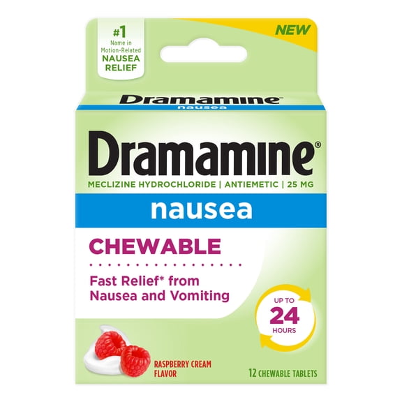 Dramamine Nausea Chewable – Nausea Relief with Meclizine, Raspberry Cream, 12 Count