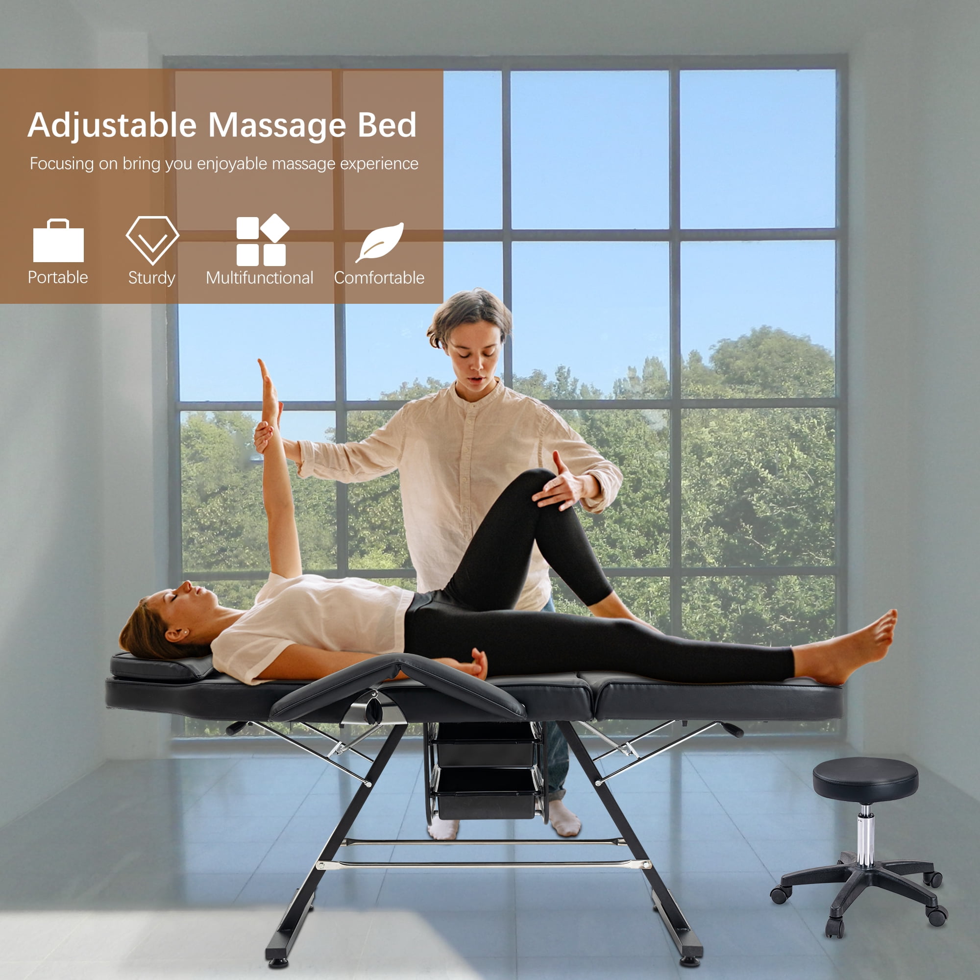 Miniyam 72.7" x 24.4" x 27.6" 3-in-1 Massage Bed & Tattoo Chair – 2 Trays, Hydraulic Stool, Adjustable 3 Sections – for Facial, Beauty, Barber – Black