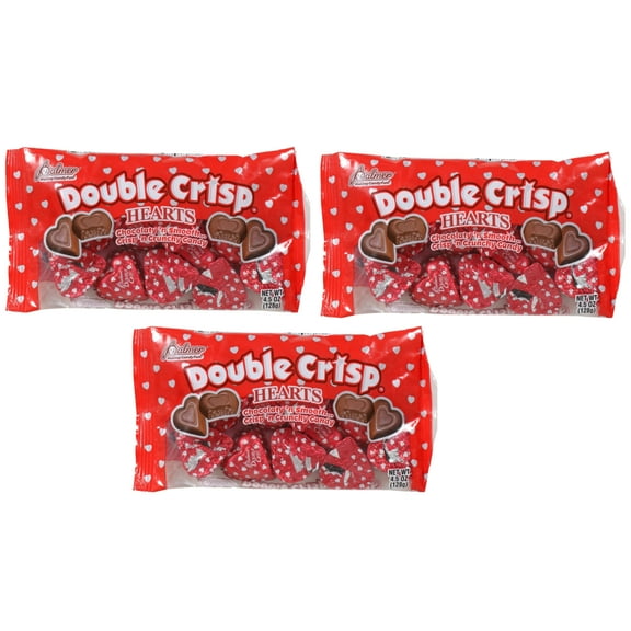 Palmer Valentine Double Crisp Chocolate Hearts Candy  with Chocolatey Smooth Crunchy Textures Valentine's Day Easter Basket Stuffer Birthday Party Favor and Gifts 4.5 oz. Bags Pack of 3