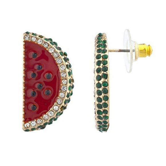 Lux Accessories Gold Tone Red Pave Stone Watermelon Fruit Novelty Earrings