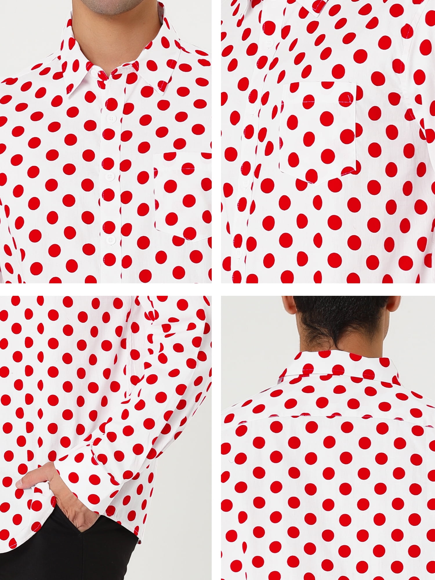 Unique Bargains Men's Long Sleeve Button Slim Polka Dots Shirt 46 Pink