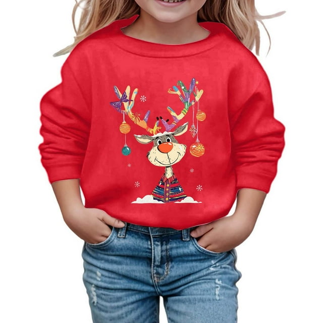 Wdgfv Chandails de Noël pour Filles, Hauts à Enfiler, Manches Longues, Col Ras du Cou, Chandail Doux et Décontracté, Haut à Enfiler pour la Saison des Fêtes, Tenue Confortable, Rouge, 6-7 Ans