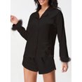 thumbnail image 4 of LMLYSoH Women's Satin Outfits Solid Color Lapel Long Sleeve Tops with Feather Cuffs + Shorts Set Fashion Clothes, 4 of 9