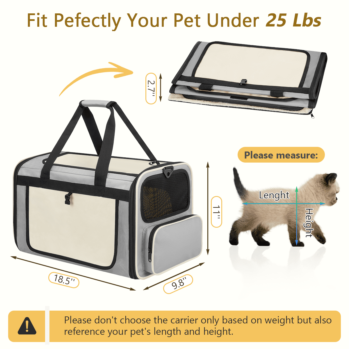 CshidWorld TSA Airline Approved Collapsible Cat Carrier for Large Cats and Small Dogs up to 25lbs, Soft-Sided Travel Dog Carrier (Beige-gary)