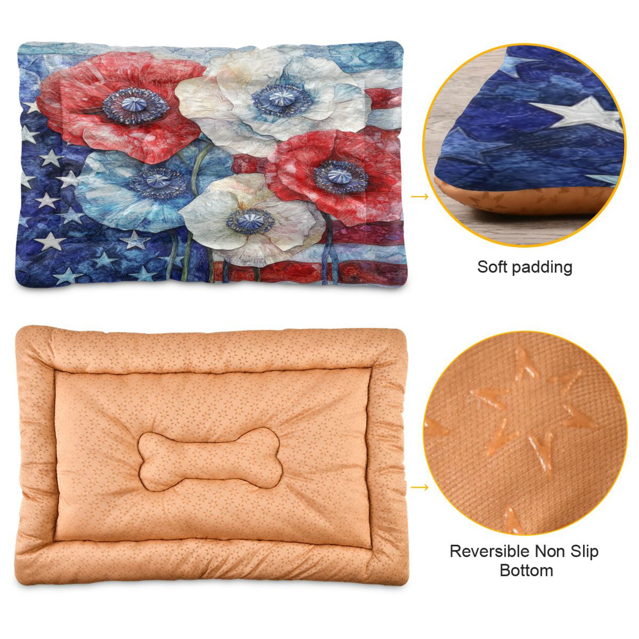 Qxltty American Flag Flowers Ped Pad Wear-resistant and Hard to Bite Through Sleeping Pad for Small Medium Large Dogs Winter Pet Bed 36×24in