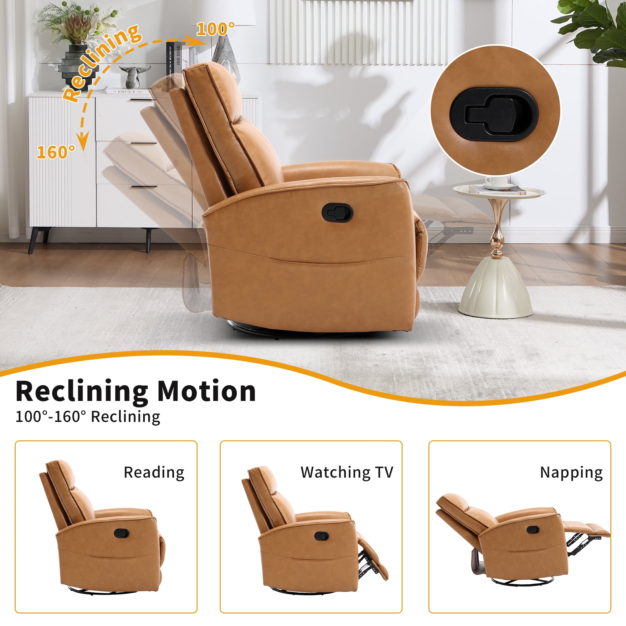 Ebello Manual PU Leather Swivel Rocker Recliner, Nursery Glider Chair with Padded Armrests & Backrest for Apartment, Living Room and Bedroom, Brown