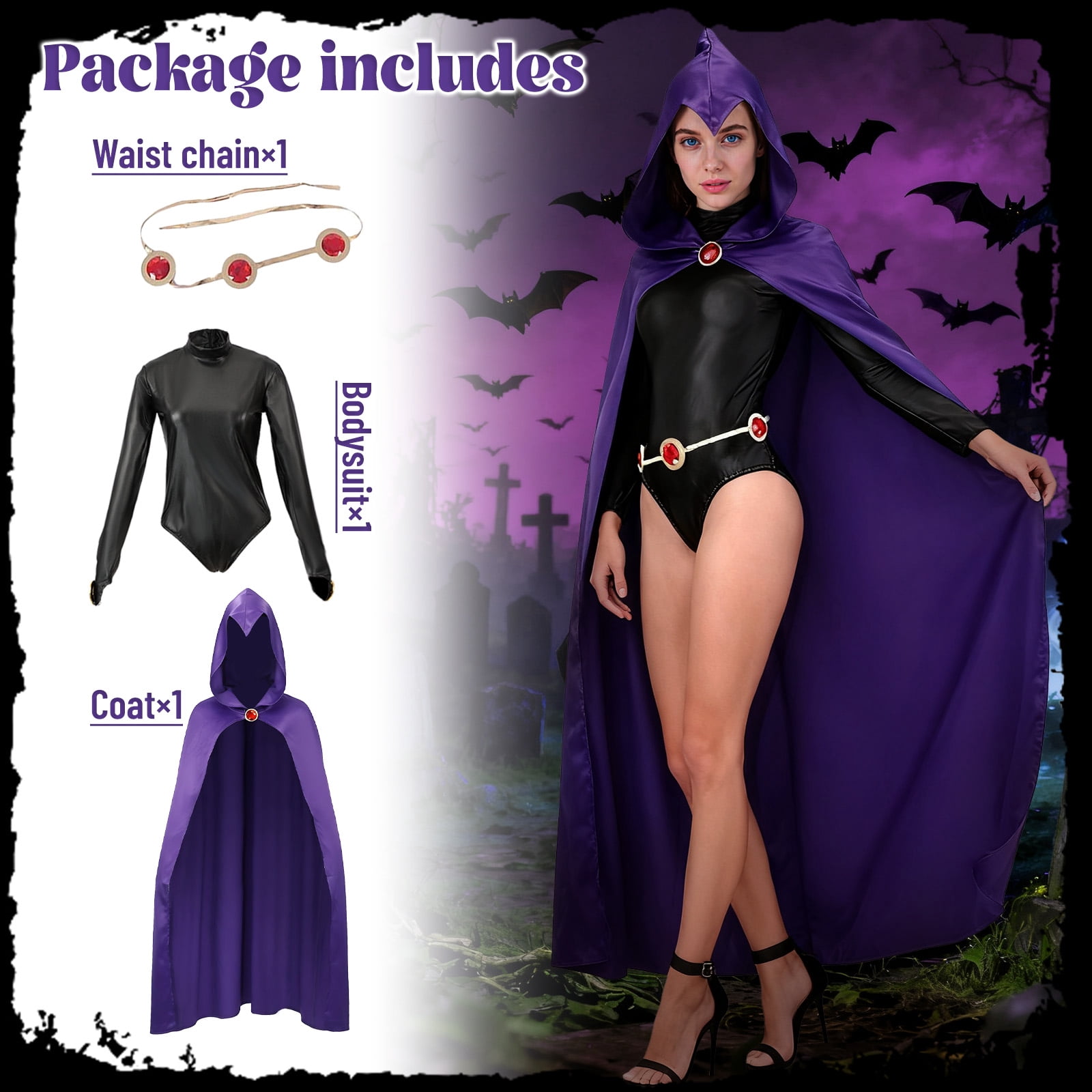 Raven Cosplay Costume Suit for Women, Jumpsuit with Purple Cloak Belt Halloween Uniform