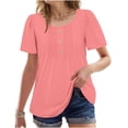thumbnail image 2 of Short Sleeve Shirts for Women Fashion Spring and Summer Solid Color Base T Shirt Pleated Button Round Neck Tshirts Casual Loose Basic Tee Shirt, 2 of 8