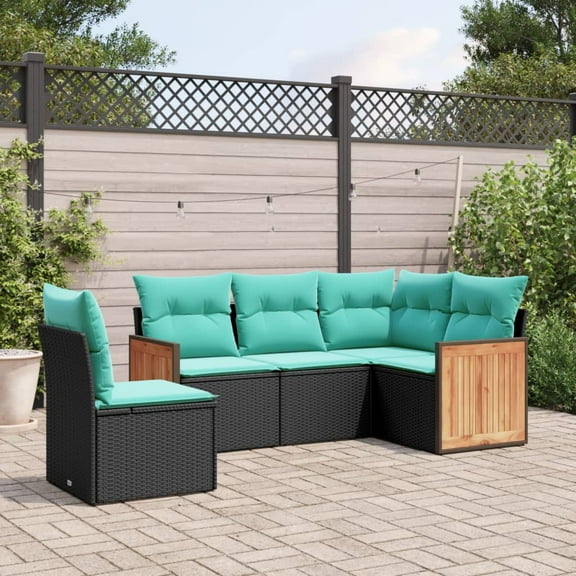 vidaXL 5 Piece Patio Sofa Set with Cushions Black Poly Rattan