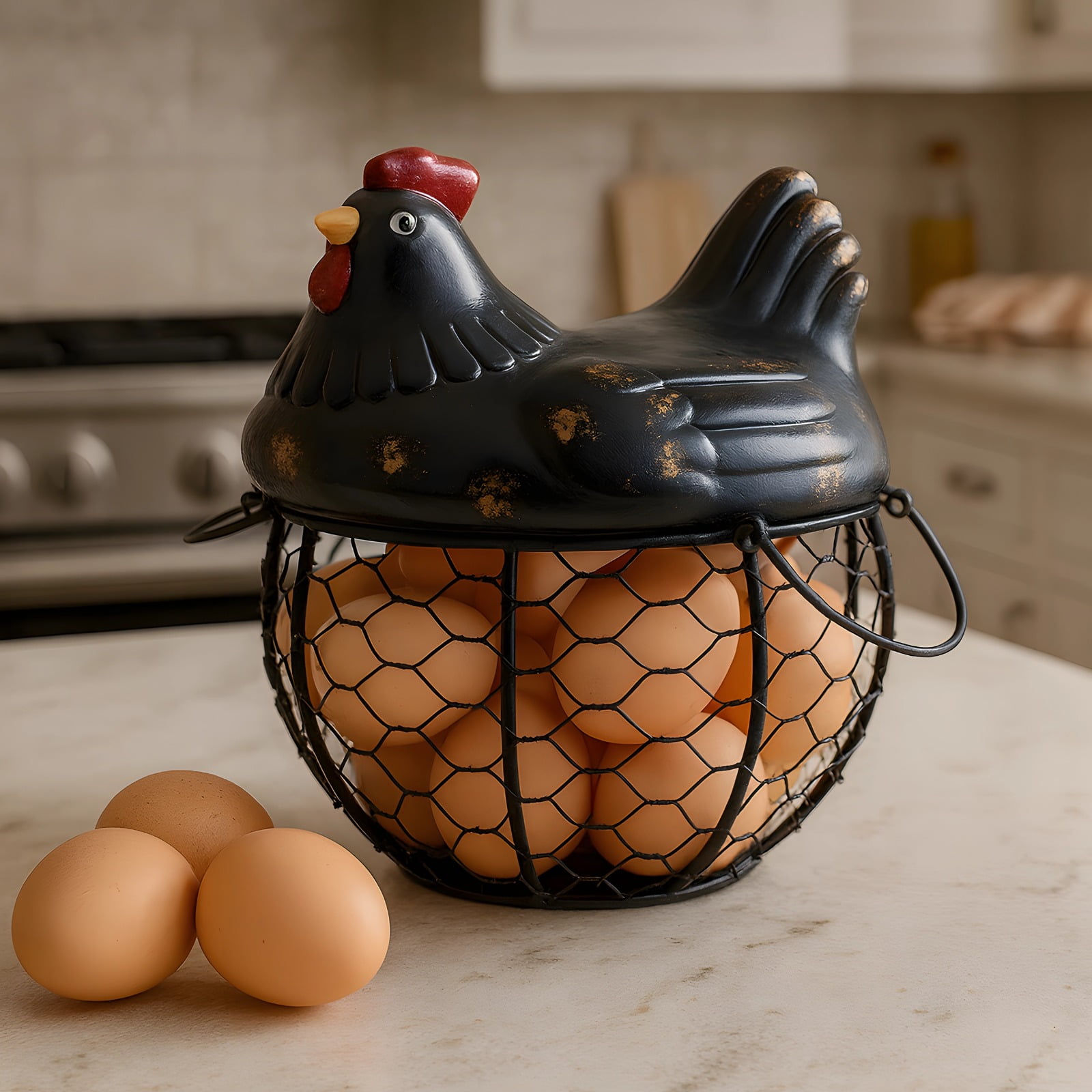 Small Black Iron Egg Basket, Farmhouse Style Countertop Holder with Ceramic Lid, Chicken Egg Storage for Kitchen, Rustic Home Decor, Keeps Up To 15 Eggs Fresh