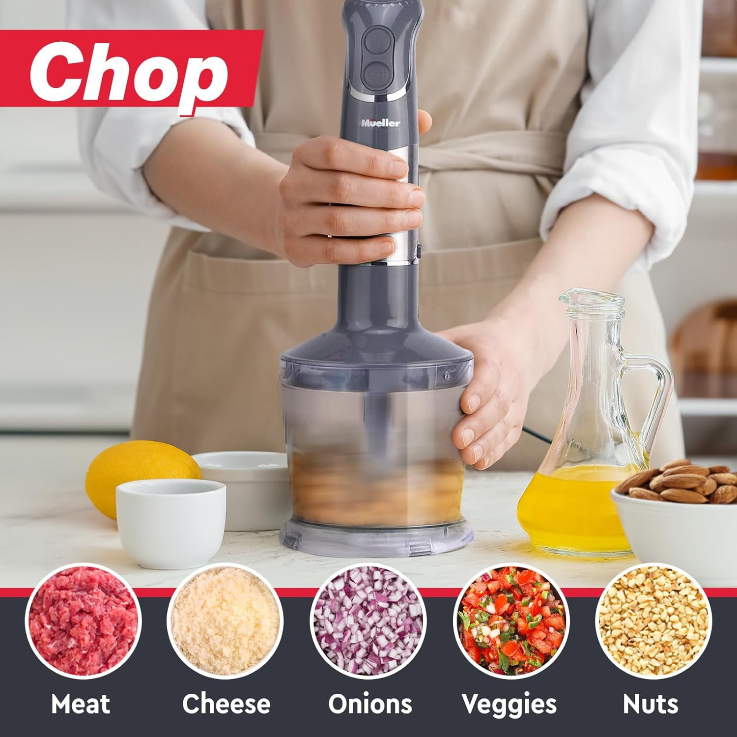 Mueller Immersion Blender Handheld, 800W 5-in-1 Stick Blender with Whisk, Frother, Beaker & Chopper, 12 Speeds + Turbo, Electric Hand Held Mixer for Soups, Smoothies & Baby Food, Grey