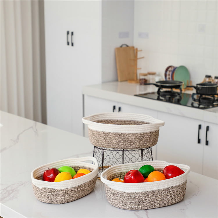 Grey LixinJu Oval Woven Basket Set of 3 Cotton Rope Basket with Handle Storage Baskets for Organizing Bins Organizer for Towel Book Cloth Dog Toys Closet Gift 
