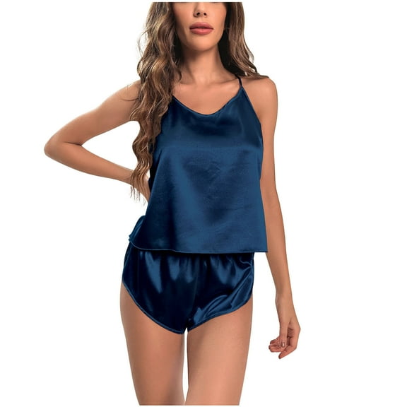 IROINNID Sleepwear Sets for Women Silk Halter Pajamas with Shorts Homewear Pajamas Two-piece Set,Navy A