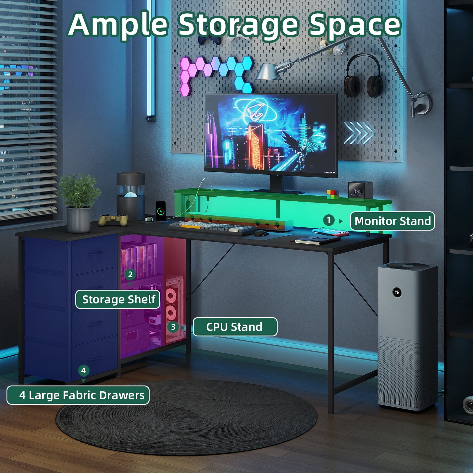 Eunos 61 inch L Shaped Gaming Desk with Power Outlets & LED Light, Computer Desk with 4 Tiers Drawers for Home Office, Black
