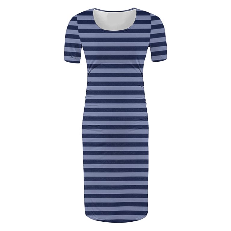Zwiiyzr 2025 Women's Maternity Dress Striped Slim Short Sleeve Tank Dresses Scoop Neck Pregnancy Bodycon Dress for Casual Wear Gray, Size: Large