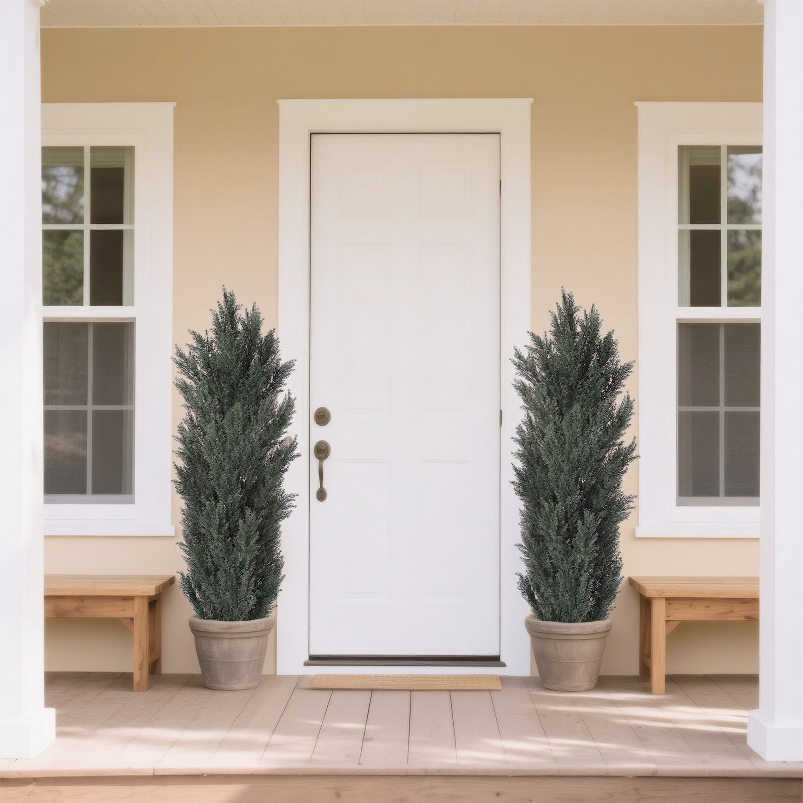 Aukfa 2pcs 5ft Detachable Artificial Cypress Trees, Realistic Plastic Plants, Artificial Trees for Outdoors, Fake Christmas Trees, Front Porch Decor