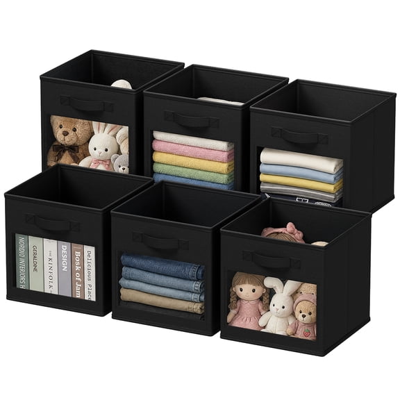 PLUMEBAY Storage Cubes with Clear Window, 6 Pack Foldable Fabric Storage Bins for Closet, Cube Organizer and Shelves, Black