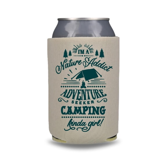Camping Can Cooler, I'm A Nature Addict, Funny Couple Camping Trip Coolies, Camping Trip Kit and Gift Ideas, Outdoor Drink Accessory (Sandstone)