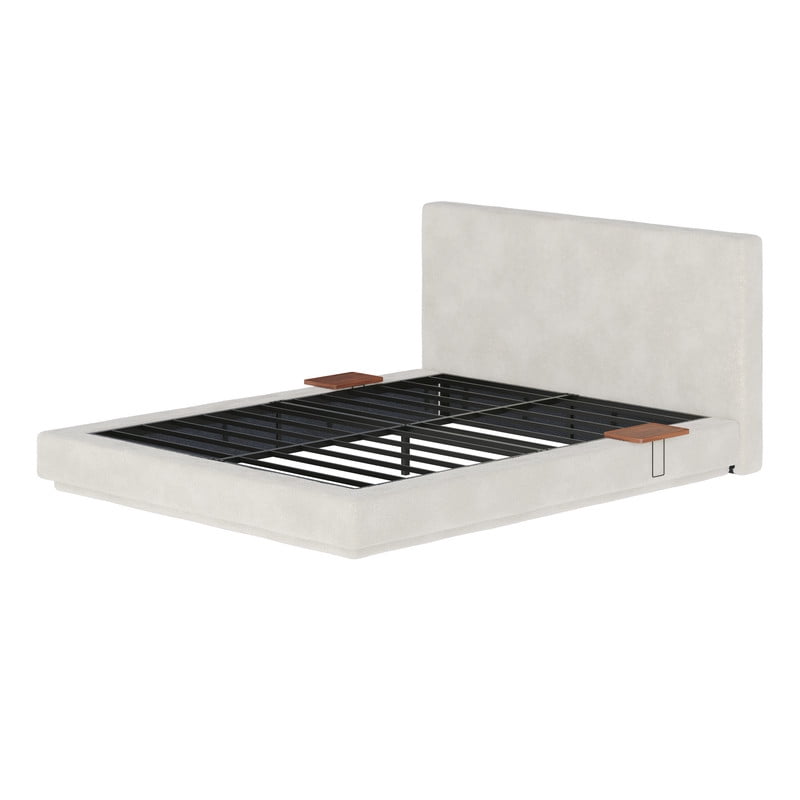 Queen Size Upholstered Low-Profle Floor Bed with Headboard & Steel Frame, Storage Platform Bed Frame with 2 Sliding Shelves