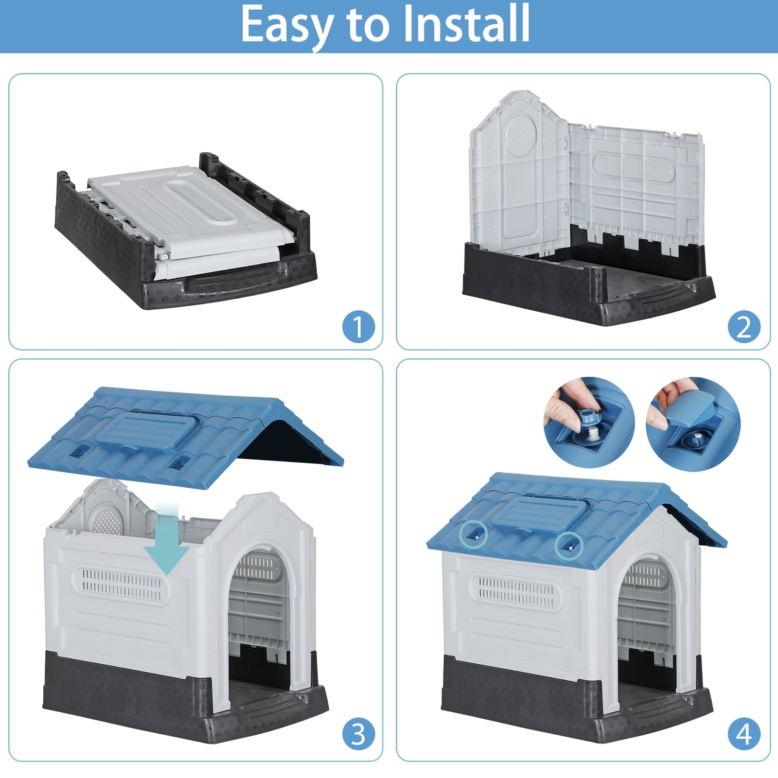 Plastic Dog House Indoor Outdoor Dog Kennel Easy to Assemble Puppy Shelter with Adjustable Skylight Elevated Floor Waterproof,Blue